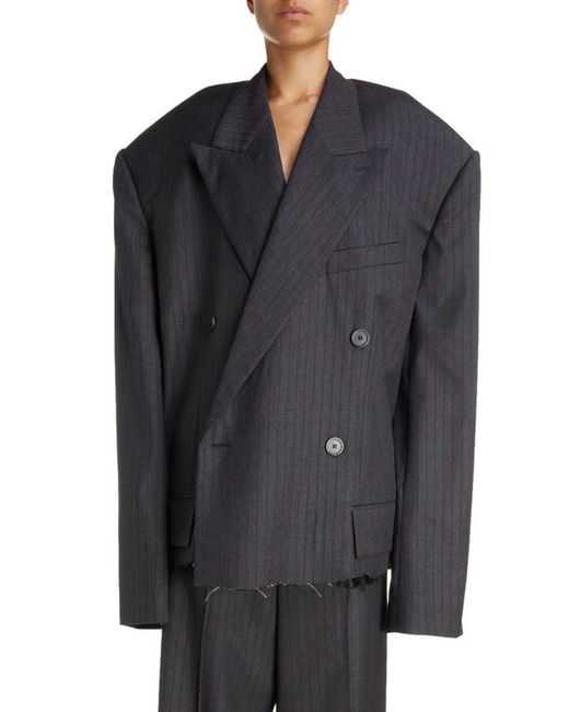 Balenciaga Pinstripe Raw Hem Oversize Wool Crop Blazer Grey