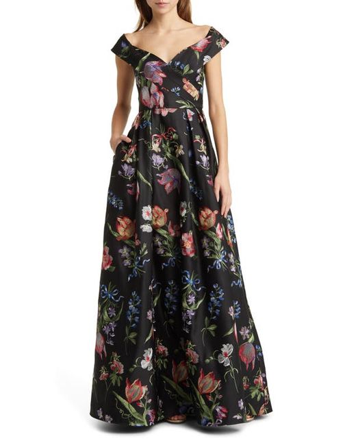 Marchesa Notte Floral Embroidered Off-the-Shoulder A-Line Gown