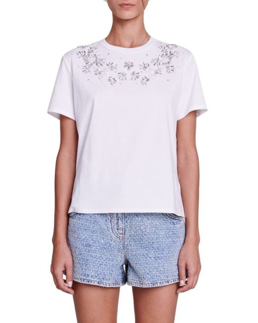 Maje Floral Rhinestone Cotton T-Shirt