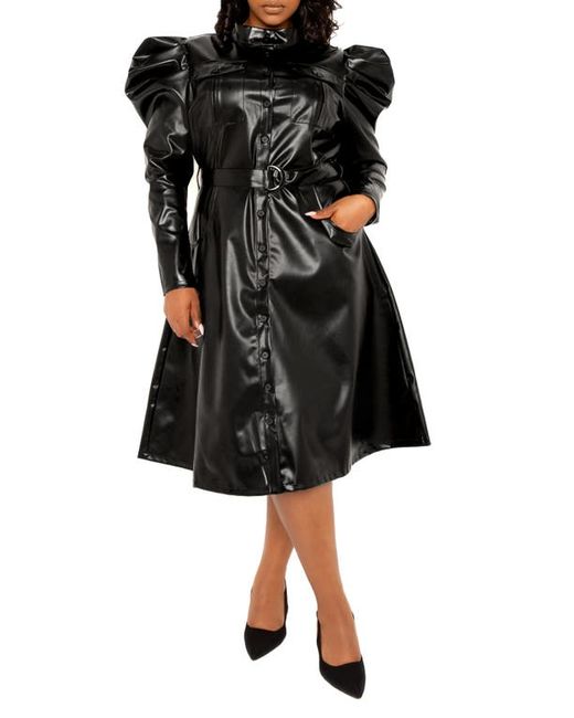Buxom Couture Puff Shoulder Long Sleeve Belted Faux Leather Shirtdress X