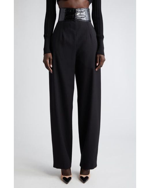 Alaïa Leather Trim Belted Stretch Wool Trousers 10 Us