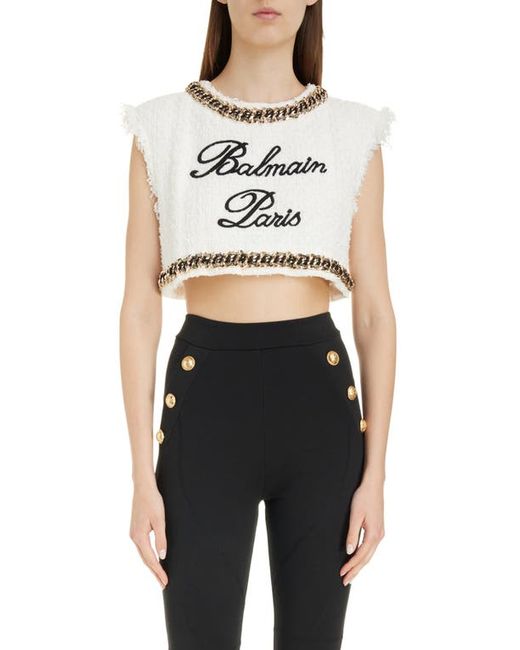 Balmain Signature Logo Embroidered Sleeveless Tweed Crop Top Gab Black 6 Us