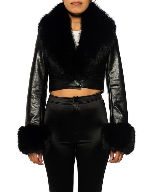 Azalea Wang Gisele Faux Fur Trim Leather Crop Jacket Small