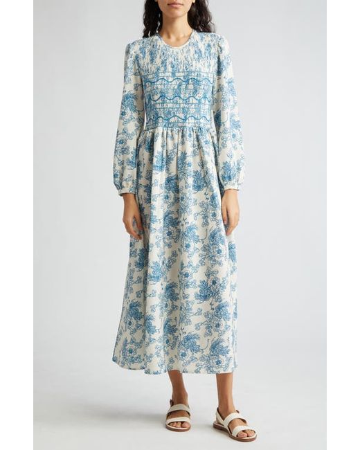 Loretta Caponi Lea Print Long Sleeve Smocked Maxi Dress X-Small