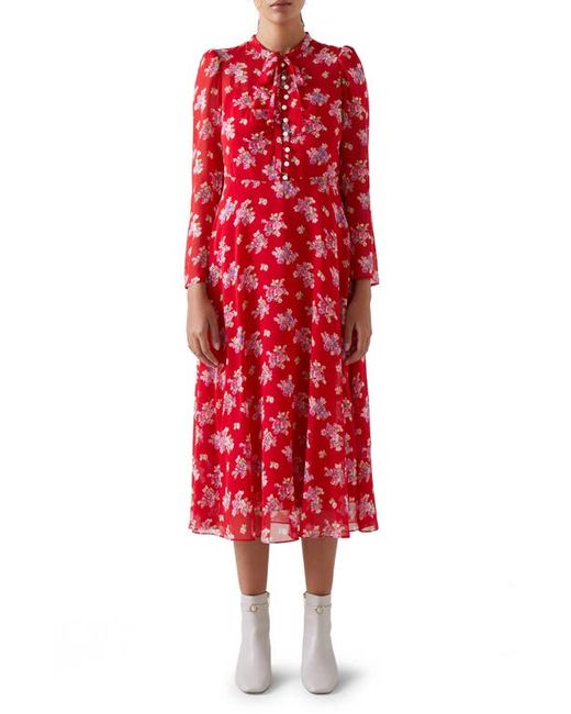 Lk Bennett Keira Floral Print Long Sleeve Silk Midi Dress 2 Us