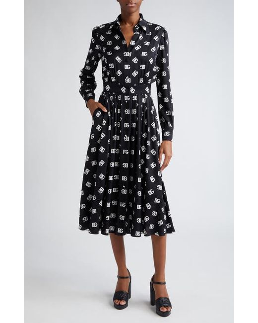 Dolce & Gabbana Pleated Monogram Logo Long Sleeve Stretch Silk Charmeuse Midi Dress 6 Us