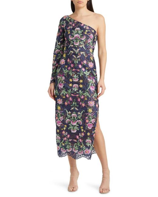 Marchesa Notte Floral Embroidered Long Sleeve One-Shoulder Dress