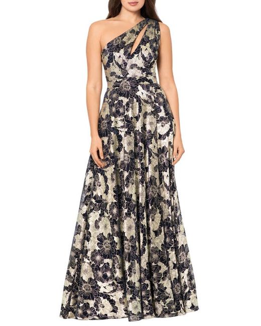 Betsy & Adam Metallic Floral One-Shoulder Sheath Gown Navy/Gold 2P
