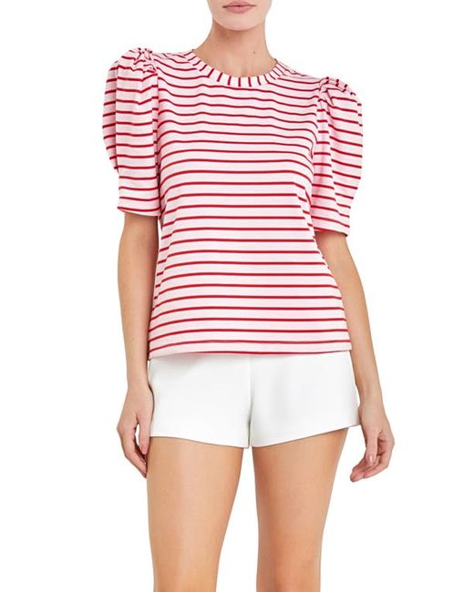 English Factory Stripe Puff Sleeve Top Red