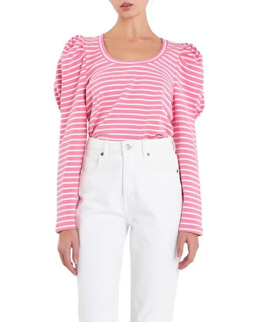 English Factory Stripe Puff Sleeve Knit Top White Small