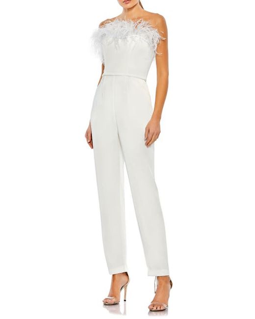 Ieena for Mac Duggal Feather Trim Strapless Jumpsuit