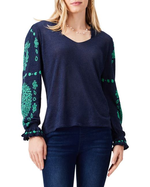 Nic+Zoe Oceanic Jacquard Sleeve Linen Blend Sweater X-Small