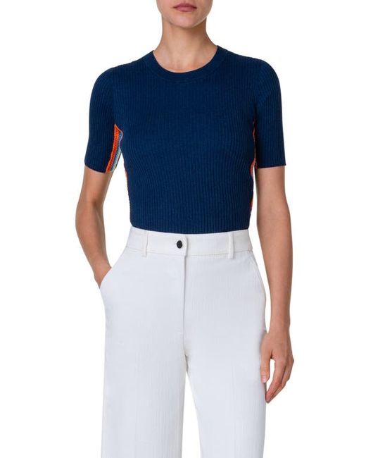 Akris Punto Side Stripe Short Sleeve Rib Sweater