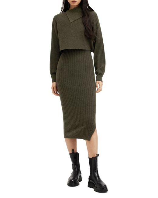 AllSaints Margetta Long Sleeve Two-Piece Wool Blend Rib Sweater Dress