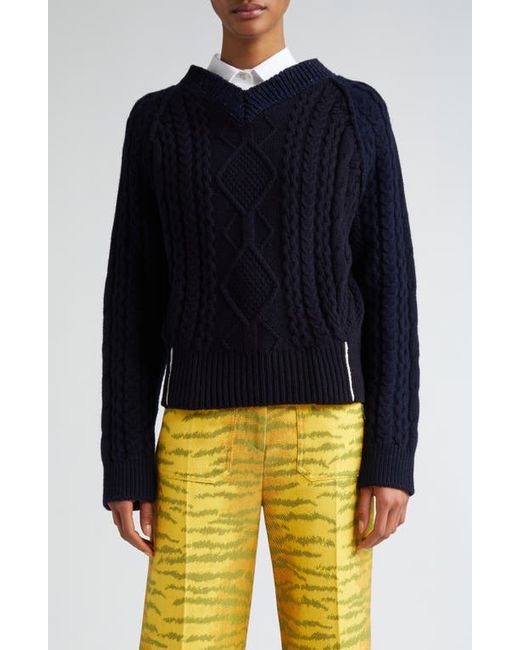 Victoria Beckham Contrast V-Neck Cable Stitch Lambswool Sweater