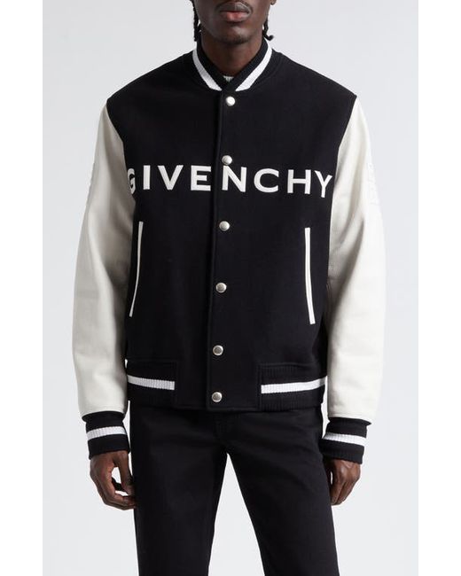 Givenchy Embroidered Logo Mixed Media Leather Wool Blend Varsity Jacket Black