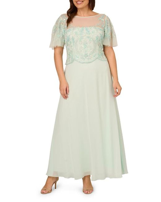 Adrianna Papell Beaded Flutter Sleeve Chiffon Gown