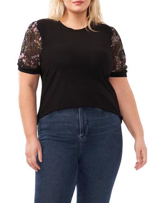 Cece Floral Sleeve Mixed Media Knit Top