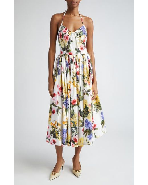 Dolce & Gabbana Garden Floral Print Pleated Cotton Poplin A-Line Dress