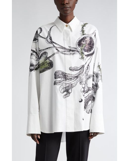 Jason Wu Collection Oceanscape Print Silk Button-Up Shirt Cream/Deep Olive