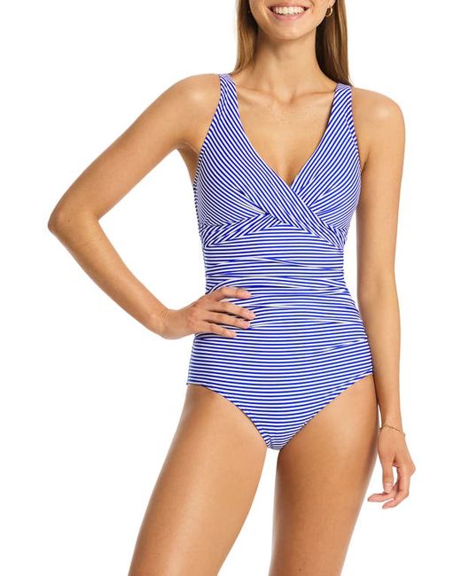 Sea Level Varsity Stripe Cross Front Multifit One-Piece Swimsuit