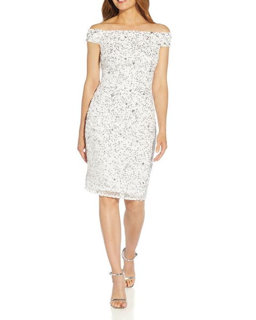 Adrianna Papell Beaded Off the Shoulder Mesh Cocktail Dress