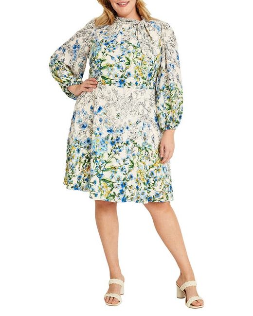 Maggy London Floral Tie Neck Long Sleeve Dress Ivory