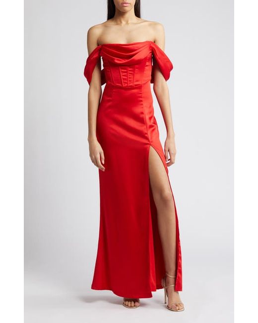 Lulus Exquisite Stunner Off the Shoulder Satin Gown