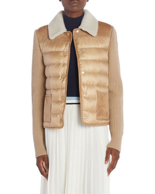 Moncler Wool Knit Quilted Nylon Cardigan with Genuine Shearling Collar