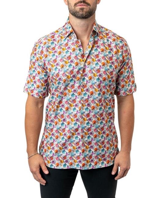 Maceoo Galileo Floral Skull 12 Contemporary Fit Short Sleeve Button-Up Shirt