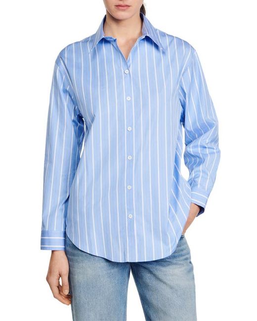 Sandro Davie Stripe Lace Accent Open Back Cotton Button-Up Shirt Blu White