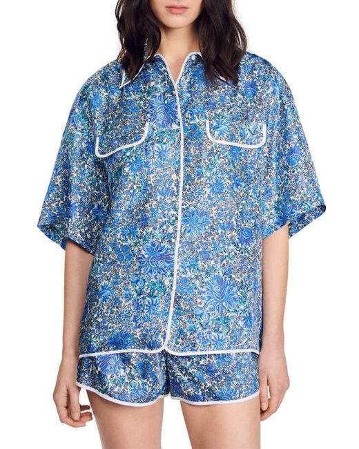 Sandro Anja Floral Button-Up Silk Shirt Blu White