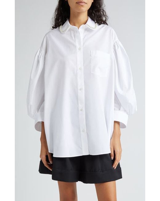 Simone Rocha Imitation Pearl Trim Oversize Cotton Poplin Button-Up Shirt
