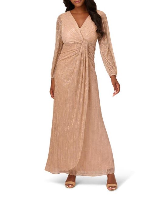 Adrianna Papell Metallic Long Sleeve Mesh Evening Gown
