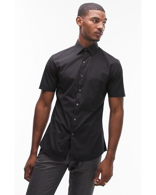 Topman Slim Fit Short Sleeve Stretch Cotton Button-Up Shirt