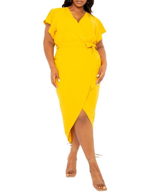 Buxom Couture Flutter Sleeve High-Low Faux Wrap Dress