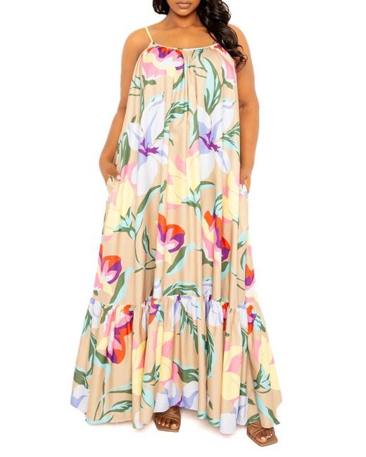 Buxom Couture Floral Print Voluminous Sleeveless Maxi Dress