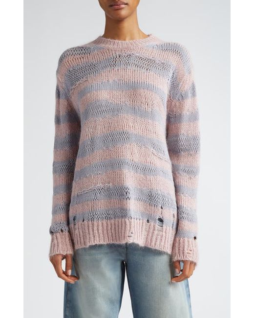Acne Studios Karita Distressed Stripe Open Stitch Cotton Mohair Wool Blend Sweater Dusty Pink Lilac
