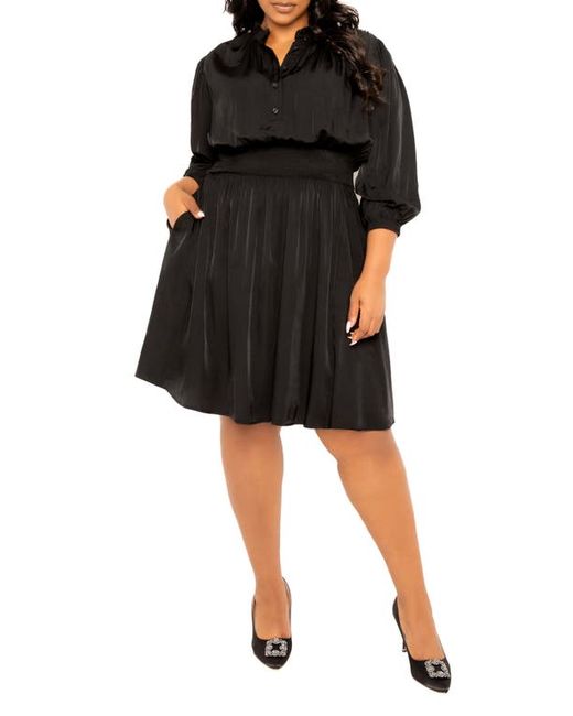 Buxom Couture Smocked Long Sleeve Satin Dress