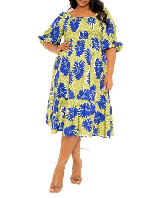 Buxom Couture Print Smocked Midi Dress