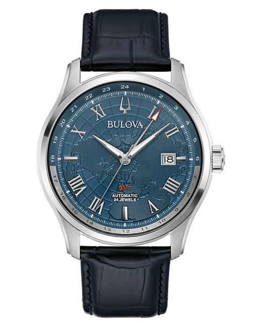 Bulova Wilton GMT Automatic Leather Strap Watch 43mm Tone/Blue
