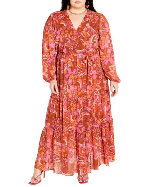 City Chic Print Long Sleeve Tiered Faux Wrap Maxi Dress
