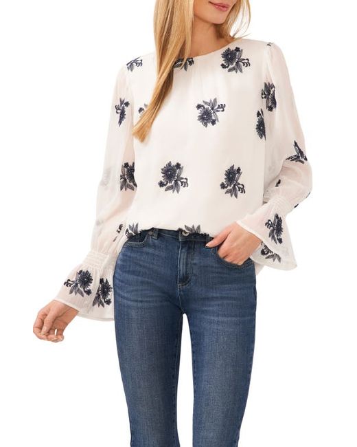 Cece Floral Embroidered Ruffle Cuff Georgette Top