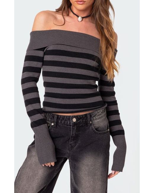 Edikted Melody Stripe Foldover Off the Shoulder Sweater