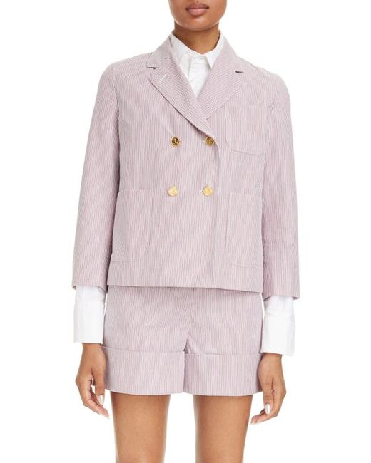 Thom Browne Unconstructed Fit Stripe Crop Double Breasted Blazer White