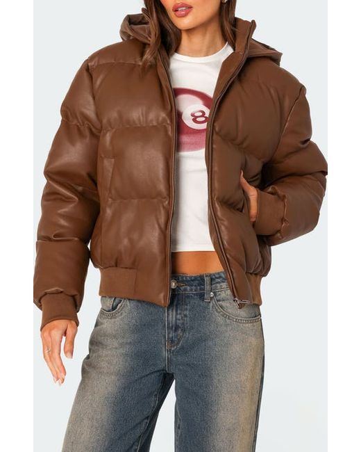 Edikted Wintry Faux Leather Hooded Puffer Jacket