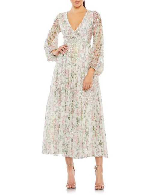 Mac Duggal Sequin Floral Long Sleeve Cocktail Midi Dress
