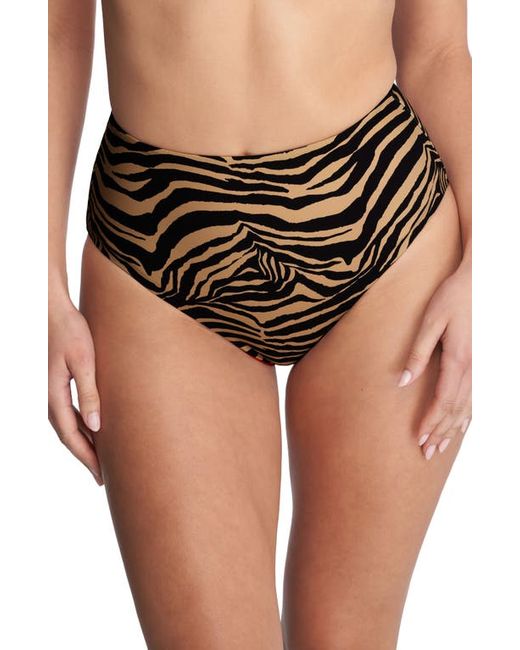 Natori Reversible High Waist Bikini Bottoms Camel Zebra Poinsettia Large