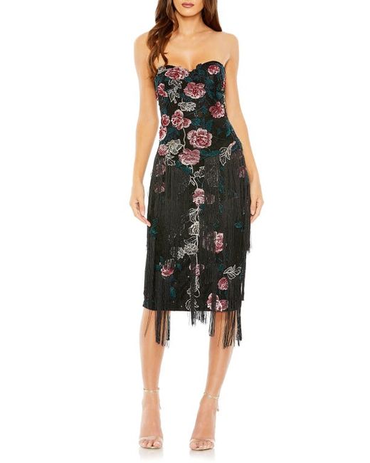 Mac Duggal Beaded Floral Fringe Detail Strapless Cocktail Midi Dress