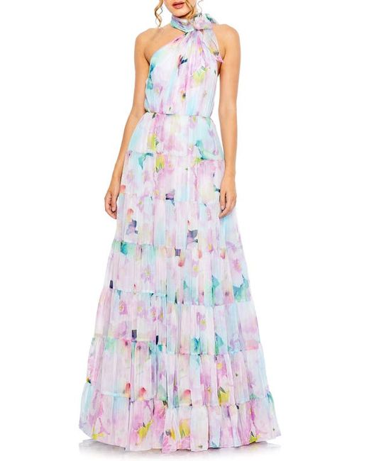 Mac Duggal Floral Asymmetric Halter Neck Tiered Gown